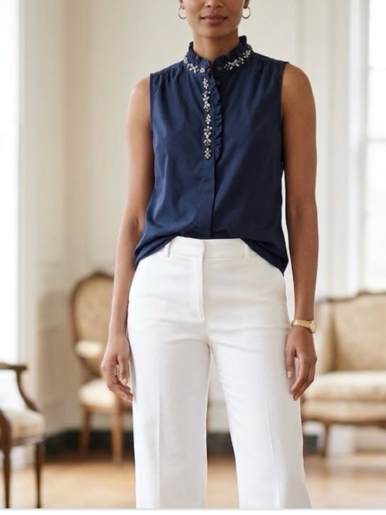 J. Crew Tops - J. Crew Navy Sleeveless Beaded Collar Blouse size S